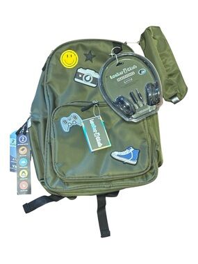 Kids Olive Green Backpack with Matching Headphones and pencil case 14 X 17 NWT